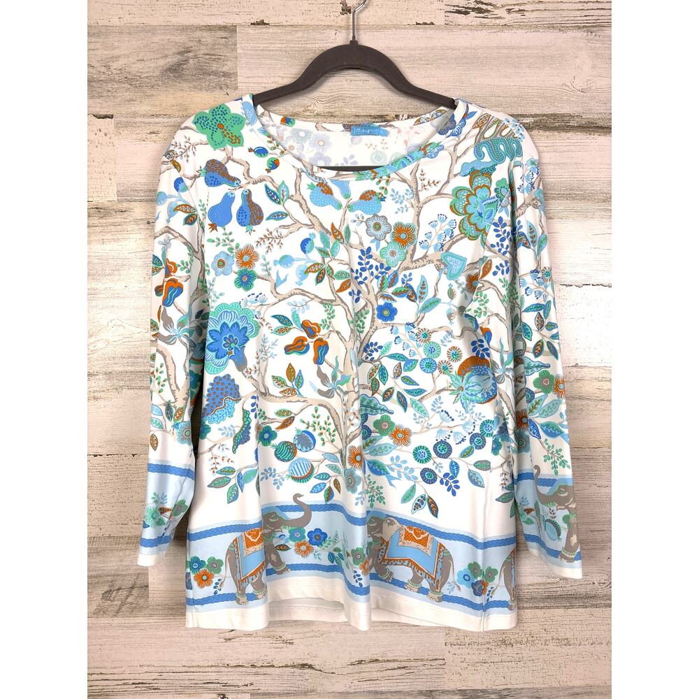 J. McLaughlin Womens XL White Blue Floral Elephant 3/4 Sleeve Casual Blouse NEW
